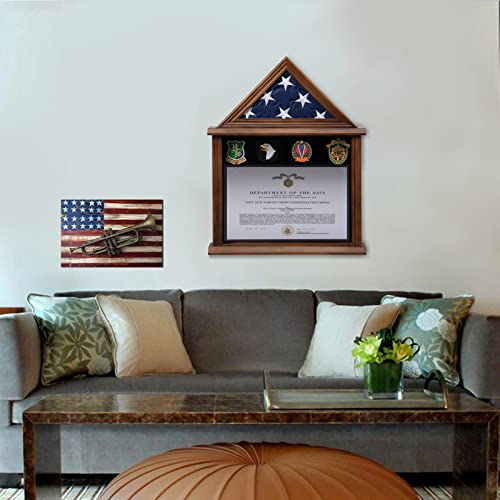 Small Walnut Military Flag Shadow Box 3x5 with Felt Lining & Certificates