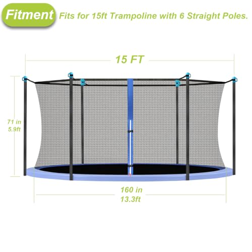 15Ft Trampoline Net Replacement for 6 Straight Poles - UV-Proof Safety Enclosure (Variation of Fits for 15Ft Trampoline Frame)