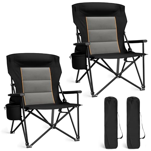 Alpha Camp Heavy Duty Oversized Camping Chair with Cup Holder & Headrest - Black, 2-Pack, 500LBS Capacity