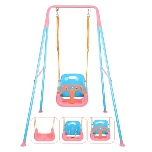 3-in-1 Toddler Swing Set with Stand - Foldable Baby Swing for Indoor & Outdoor Use, Blue & Pink
