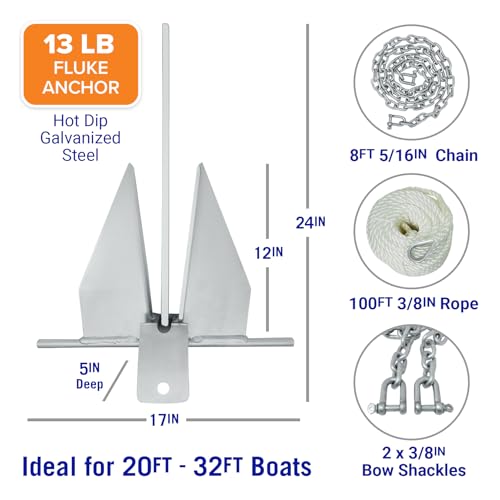 Better Boat 13lb Fluke Anchor Kit for Boats up to 32 ft with Rope & Chain