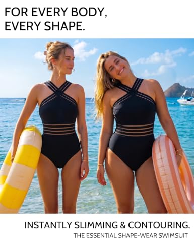 Hilor Women’s One Piece Swimsuit Slimming Tummy Control Bathing Suit - Black, 4-6