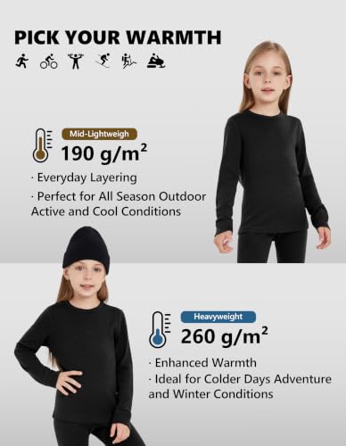 Kids Unisex Merino Wool Base Layer Set - Lightweight Thermal Underwear, Black, 11-12 Years | Woolcano