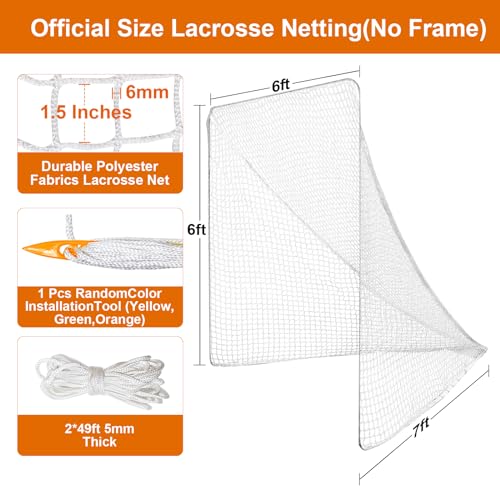 6mm Lacrosse Net Replacement for 6x6x7ft Goals with Installation Aid & Lacing Ropes