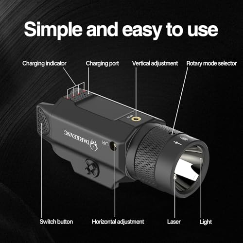 DARKFANG Tactical Flashlight & Blue Laser Light Combo - 1500 Lumen, Adjustable Rail, Rechargeable, Black - Blue