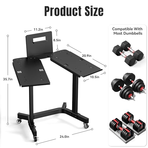 Heavy Duty Adjustable Dumbbell Rack with Tablet Holder and Wheels - Home Gym Organizer