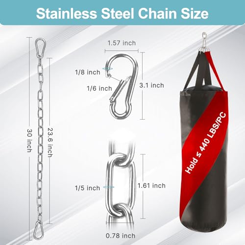 30 Inch Heavy Duty Stainless Steel Chain with Carabiners - Extender for Punching Bags, Porch Swings, Hammocks - Variation 1PC-30 Inch