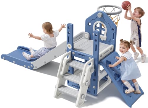 BIERUM 6-in-1 Toddler Climber & Slide Playset - Blue & Gray, Safe Indoor Outdoor Toy