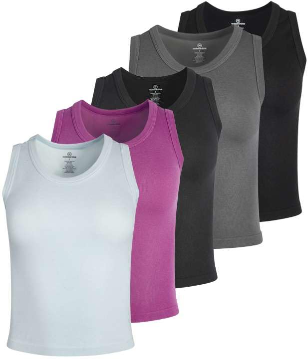 Real Essentials 5 Pack: Women's Seamless Ribbed Sleeveless Cropped Scoop Neck Tank Top - Casual Crop Top
