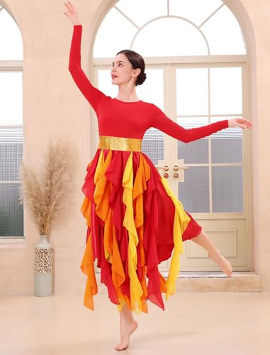 IDOPIP Metallic Praise Dance Dress for Women - Medium Red Asymmetric Ruffle Overlay Worship Costume