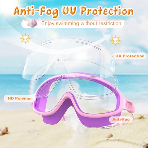 Kids Swim Goggles 2 Pack Anti-Fog Wide View Mirror & Clear Lenses - Light Blue & Purple
