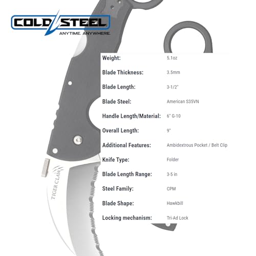 Serrated Cold Steel Tiger Claw Folding Knife 3-Inch S35VN Blade Tactical Lock