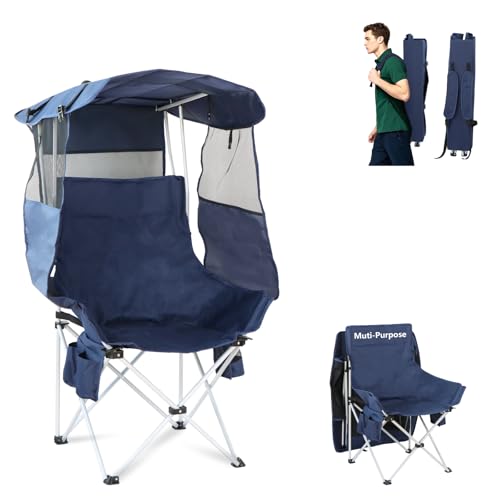 The Treasmap Navy Blue Folding Camping Chair with Canopy & Shade - Portable Outdoor Beach & Fishing Seat for Adults