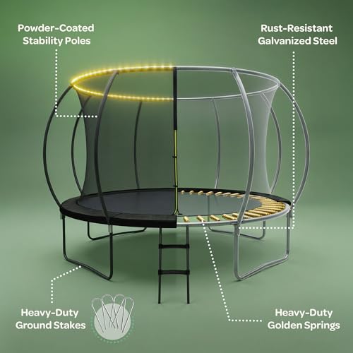 Black 12FT Outdoor Trampoline with LED Lights, Safety Net, Ladder – ASTM Certified