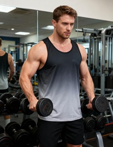 EZRUN Men's UPF 50+ Gradient Black Grey Quick Dry Tank Top for Workout & Beach - Medium