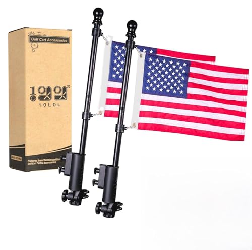 10L0L 2 Pack Golf Cart Flag Holder Kit with Embroidered USA Flags & Black Stainless Poles