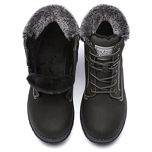 ANJOUFEMME Women's Waterproof Hiking Snow Boots - Black, Size 10, Warm Fur Ankle Shoes