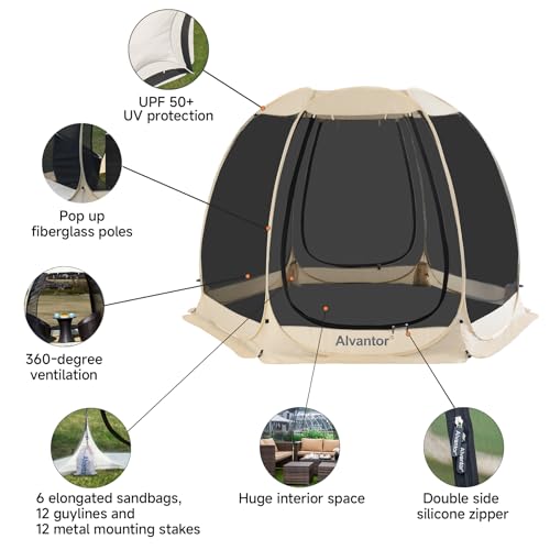 Alvantor 10'x10' Beige Pop Up Screen House Tent with Mosquito Netting & UPF 50+ Sun Protection