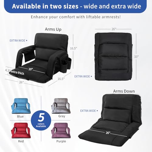 Wide Stadium Seat with Back Support - 25 Inch Foldable Chair, Black, Adjustable Recline