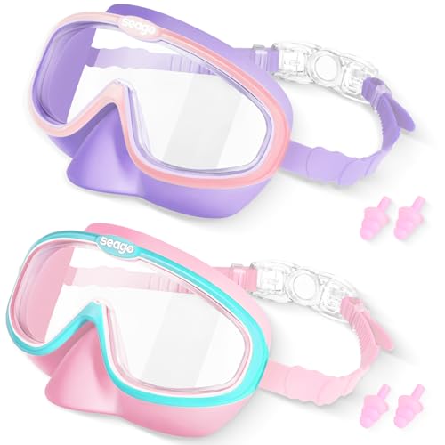 Kids Swim Goggles with Nose Cover 2 Pack - Anti-Fog Clear View, Pink Green & Pink Purple