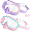 Kids Swim Goggles with Nose Cover 2 Pack - Anti-Fog Clear View, Pink Green & Pink Purple