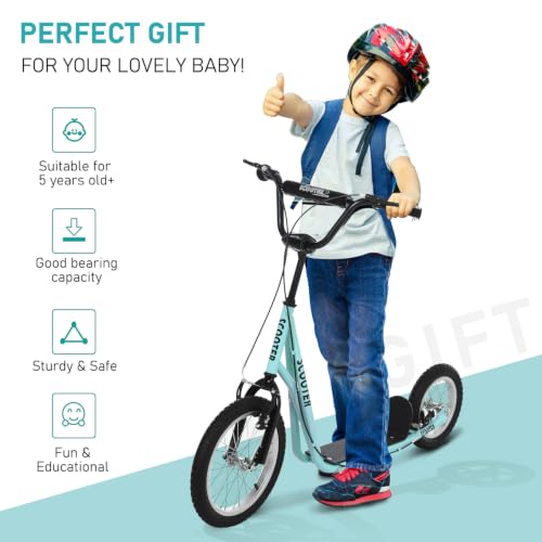 Aosom Youth Kick Scooter for Teens - Adjustable Handlebar, Blue, 16" Front & 12" Rear Inflatable Wheels, Dual Brakes, 5+