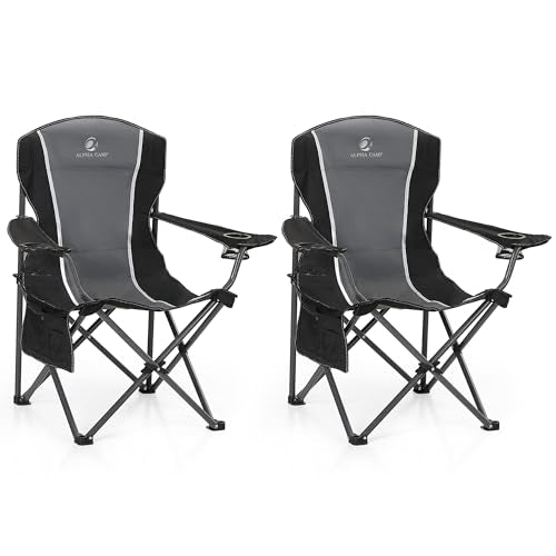 Oversized Camping Folding Chair with Cup Holders - Heavy Duty Steel Frame, 350 LBS Support, Black & Grey 2-Pack