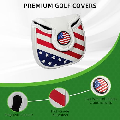 Golf Club Head Covers - Mallet Putter Cover with Magnetic Closure and USA Flag Design