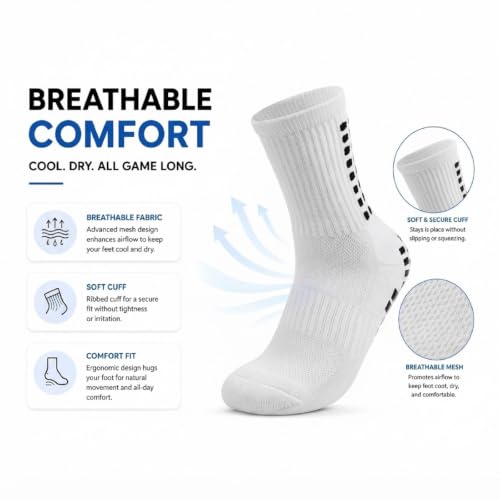 Kids Soccer Socks 2/6 Pairs Cushioned Non-Slip Athletic Sports Socks - Black + White