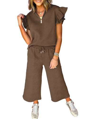 Women’s 2 Piece Polo Set - V Neck Collared Ruffle Short Sleeve & Quarter Zip Top, Large Brown