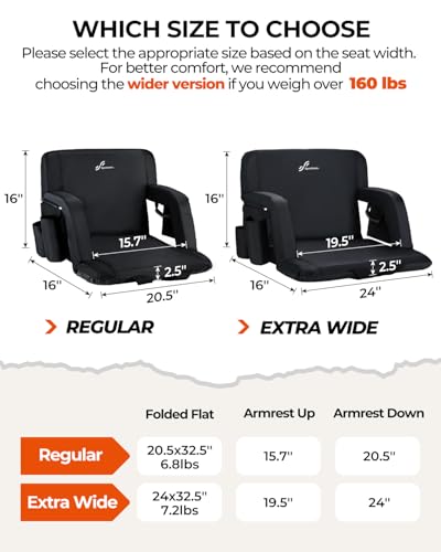 Sportneer Stadium Seat with Back Support & Armrest - Black, 20.5"
