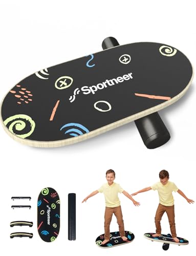 Sportneer Kids Balance Board Doodle Black - Adjustable 4-Mode Wobble Trainer