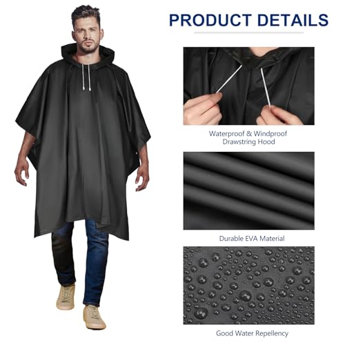 Black Reusable Adult Rain Ponchos - 20 Pack Waterproof Waterproof Raincoat with Hood