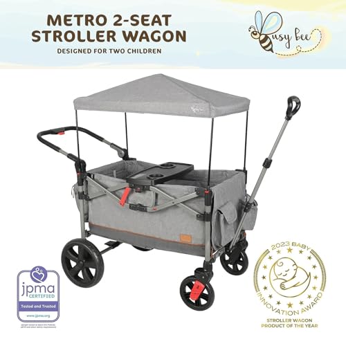 BusyBee Foldable Double Stroller Wagon for Kids, Safety Harness, Gray