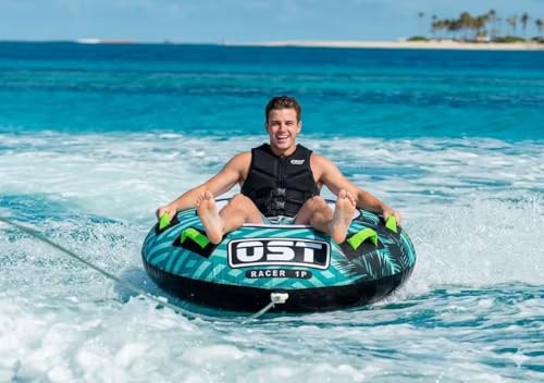 OST Outdoor Racer 1P Towable Tube for Boating - Inflatable Water Tube with Heavy-Duty PVC & Nylon Cover, 4 Handles, Quick Connect System
