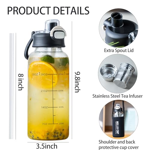 35oz Glass Water Bottle with Time Marker, Straw & Tea Infuser - BPA-Free & Leakproof, Includes Protective Sleeve - 1PCS