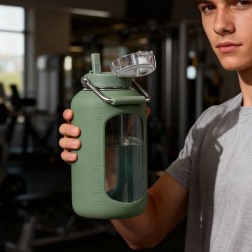 100 oz Glass Water Bottle with Straw - Olive, Wide Mouth, Time Marker