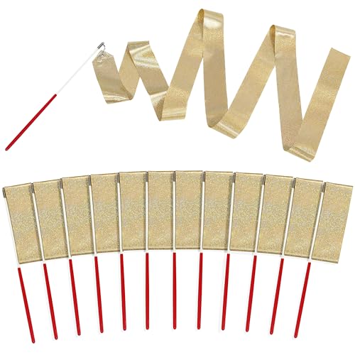 2 Meters 12 Pack Glitter Gold Twirling Dance Ribbons for Gymnastics & Artistic Dance
