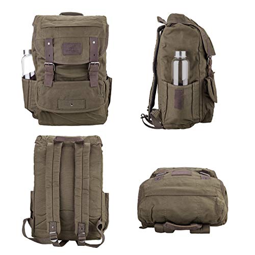 Green Waterproof Waxed Canvas Backpack for Men Travel Rucksack with Leather Trim - One Size