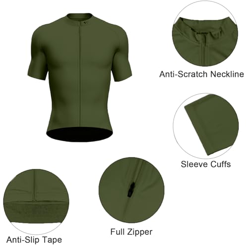 Men's Short Sleeve Cycling Jersey - Large Olive Green, Full Zipper, Breathable Quick Dry Bike Shirt with Pockets