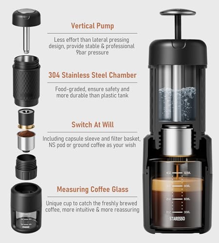 STARESSO Classic Manual Espresso Maker Black - Portable 2-in-1 Travel Coffee Machine