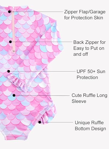 Pink Mermaid Baby Girl Ruffle Swimsuit One Piece with UPF 50+ Sun Protection - 4-5T