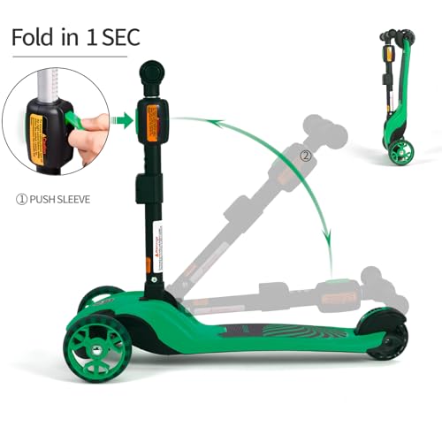 GLAMUP Kids 2-in-1 Folding Scooter Green for Boys & Girls Ages 3-14