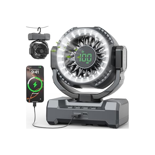 Rechargeable Camping Fan with LED Lantern, 120° Oscillation, Power Bank