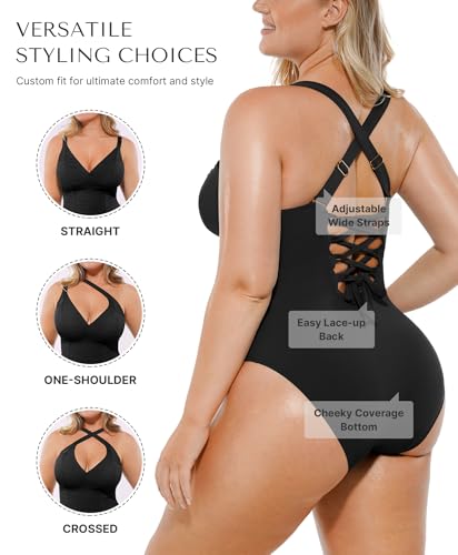 SHAPELLX X-Large Black One-Piece Tummy Control Swimsuit Lace-Up Back Bathing Suit