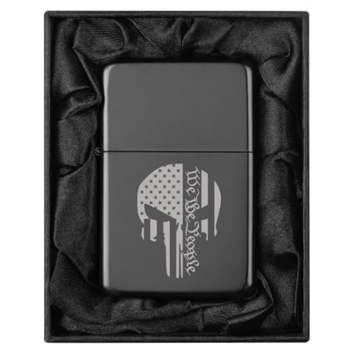 Black Silk Lined Gift Box Lighter with American Flag Skull Design - Men’s Gift