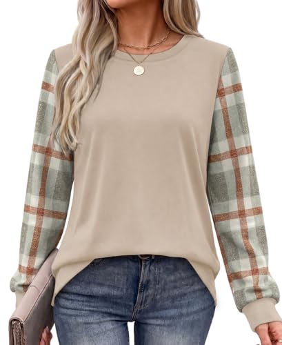 OFEEFAN Women's Color Block Crewneck Sweatshirt Large - Plaid Fall Top
