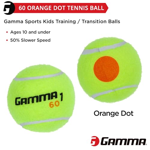 GAMMA Orange Dot 60 & Green Dot 78 Low-Compression Tennis Balls for Kids & Beginners - 48 Pack