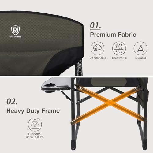Ever Advanced Dark Green Aluminum Camping Chair 350 lb Capacity, Foldable with Side Table