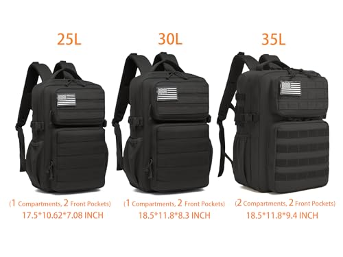 Wotony 30L Military Tactical Waterproof Backpack with Water Bottle Holder - Black
